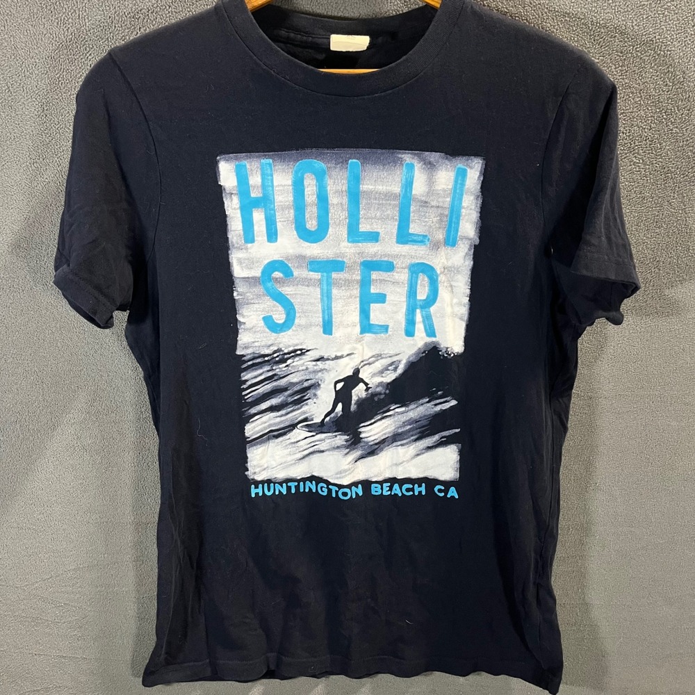 Hollister Huntington Beach California Graphic T-Shirt Mens XL Navy Blue Surfer